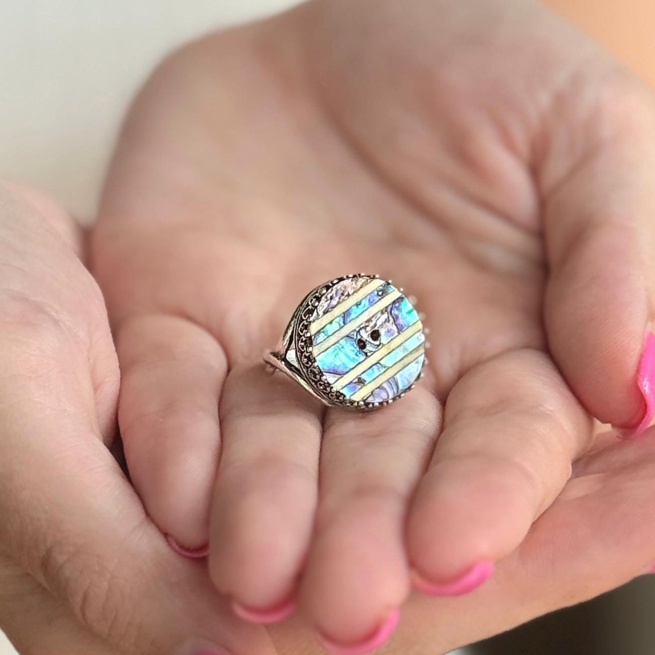 Vintage Abalone Shell Button, Adjustable Sterling Silver Boho Ring for Women, Repurposed Button Jewelry, Unique Gifs for Her