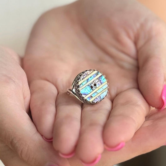 Vintage Abalone Shell Button, Adjustable Sterling Silver Boho Ring for Women, Repurposed Button Jewelry, Unique Gifs for Her