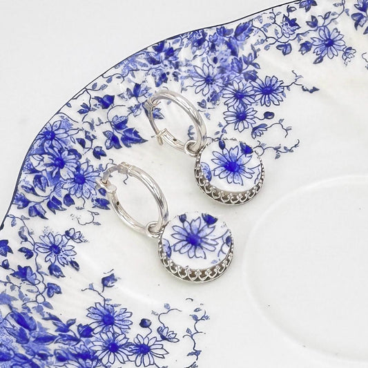 Unique 20th Anniversary China Gift for Wife, Dainty Sterling Silver Hoop Earrings, Shelley China, Daisy Broken China Jewelry, Gift for Her