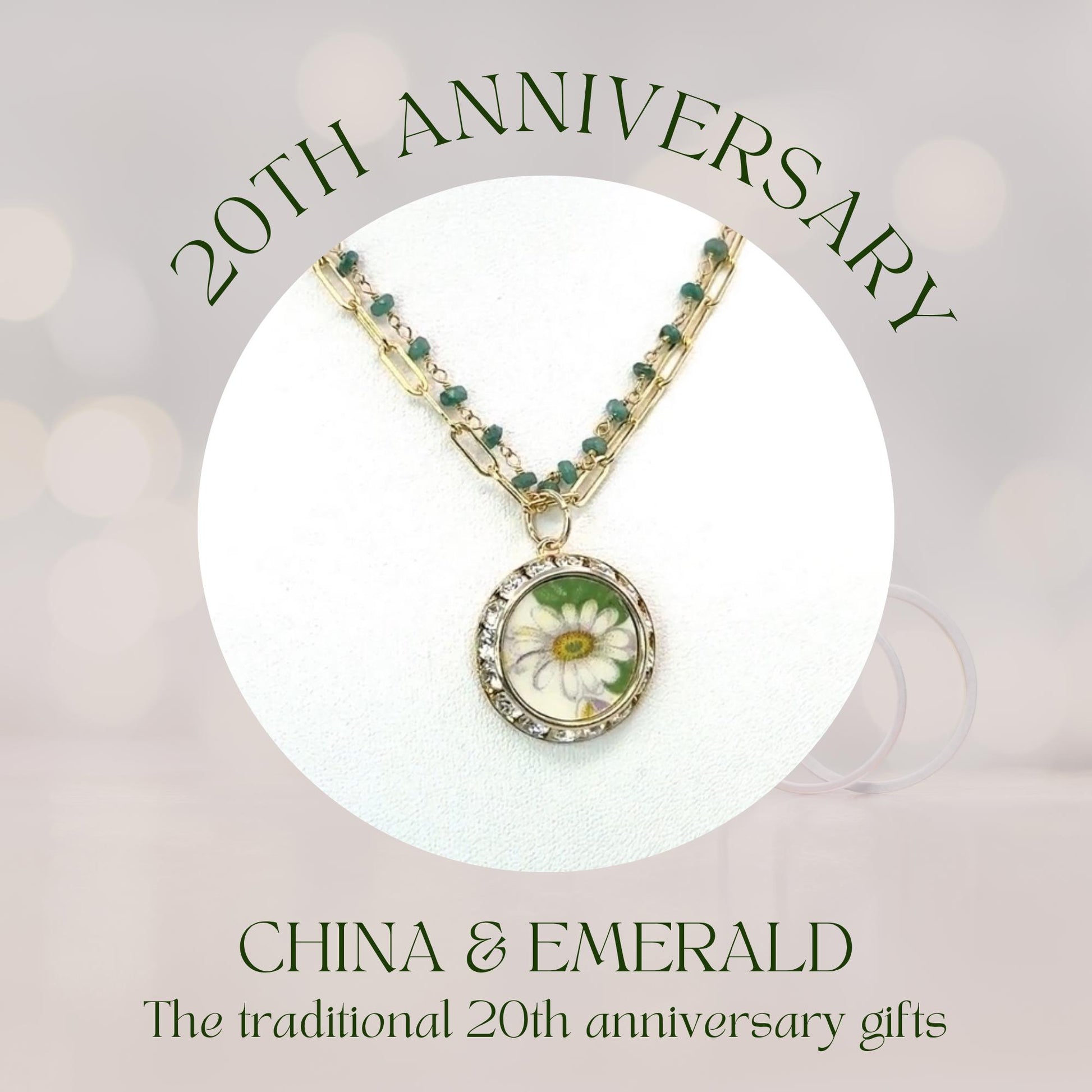 Emerald 20th Wedding Anniversary Necklace, Gifts for Wife, Gold Crystal Daisy Necklace, Broken China Jewelry, Unique Vintage Gifts for Her