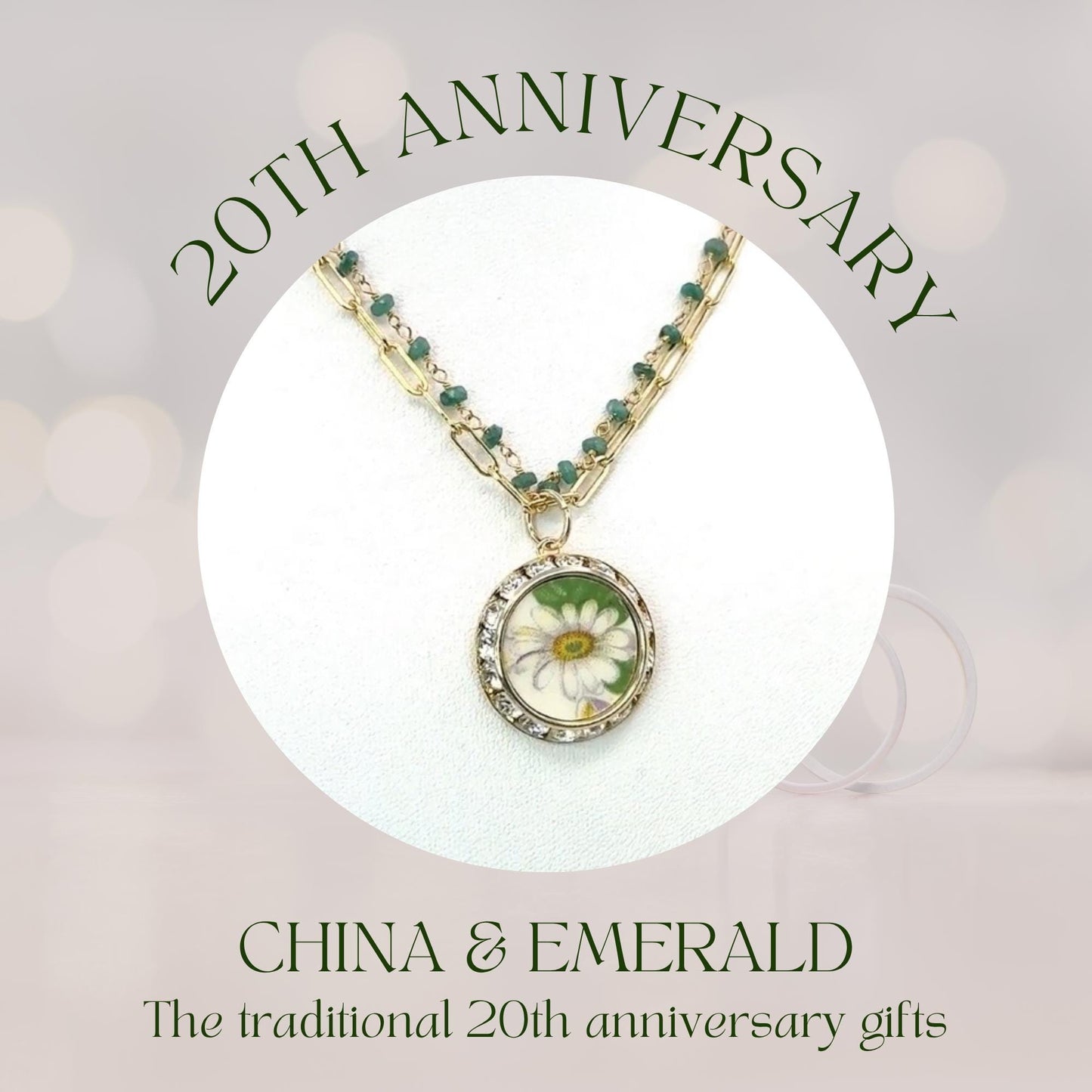 Emerald 20th Wedding Anniversary Necklace, Gifts for Wife, Gold Crystal Daisy Necklace, Broken China Jewelry, Unique Vintage Gifts for Her