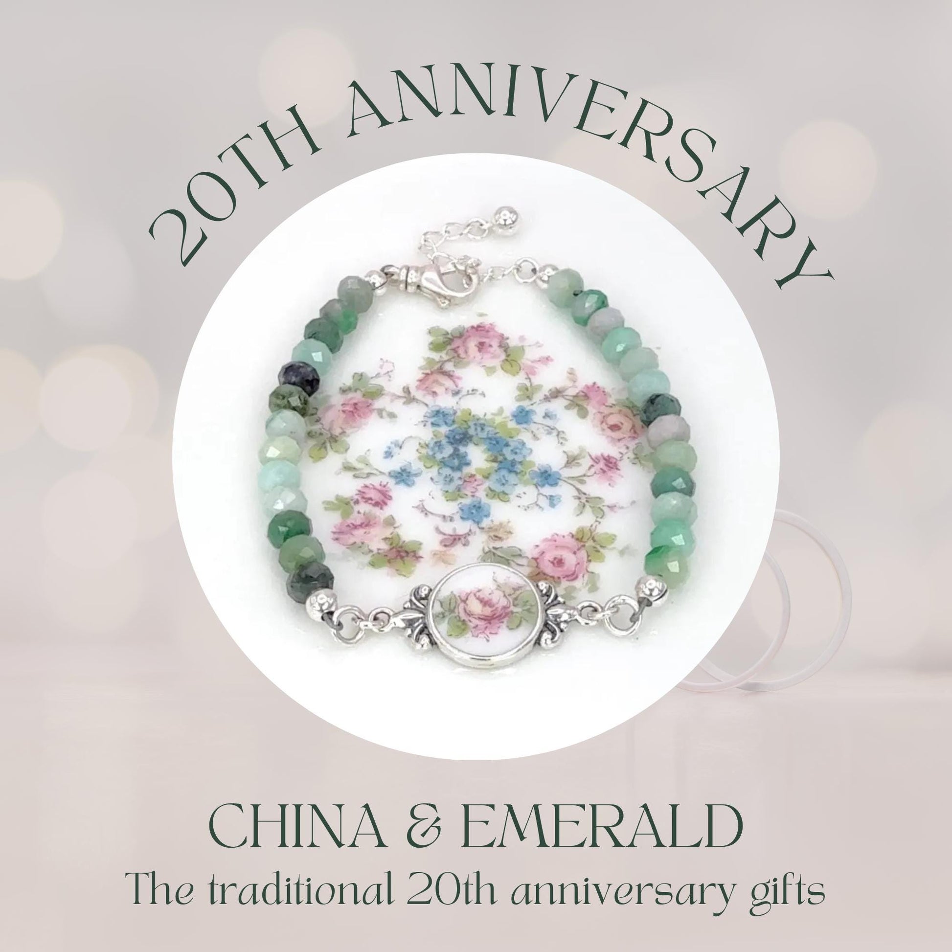 Emerald 20th Anniversary Gifts for Wife, Gemstone Bracelet, Antique Broken China Jewelry, Gifts for Women, Sterling Silver