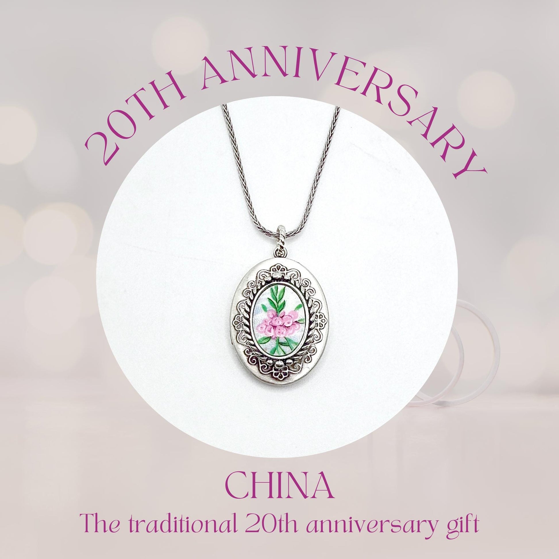 Sterling Silver Locket Necklace, 20th Anniversary Gifts for Wife, Keepsake Photo Locket, Victorian Style Broken China Jewelry, Adjustable