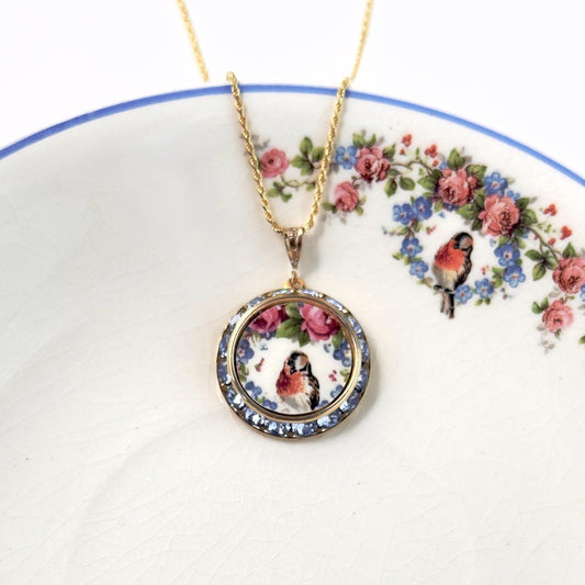 Vintage 20th Anniversary Gifts for Wife, Robin, Pink Rose and Forget Me Not Necklace, Gold Crystal Broken China Jewelry, Unique Gift for Her