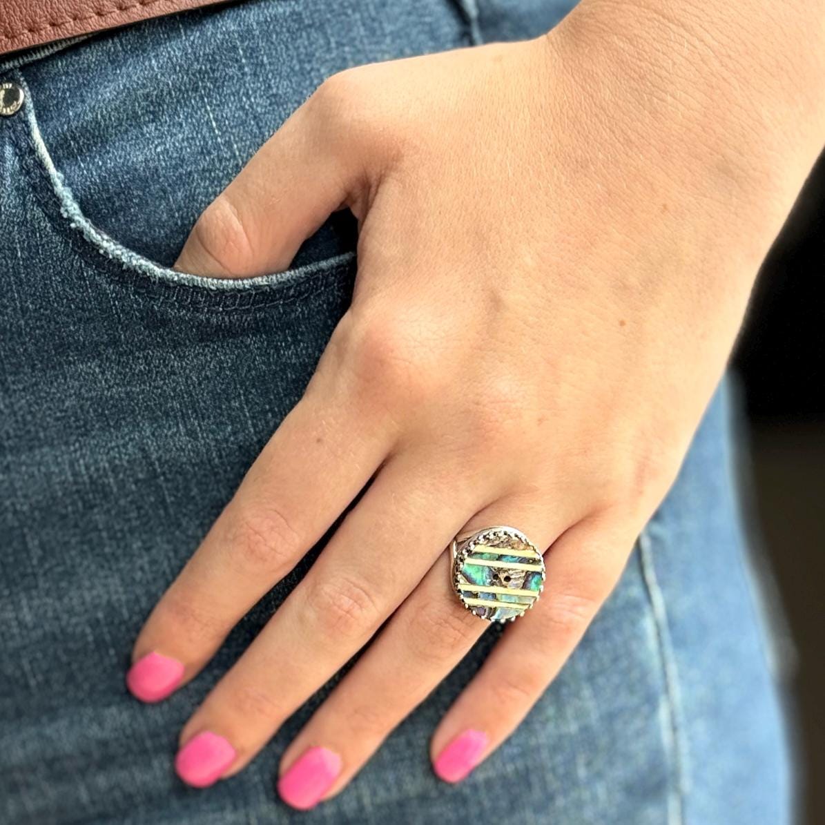Vintage Abalone Shell Button, Adjustable Sterling Silver Boho Ring for Women, Repurposed Button Jewelry, Unique Gifs for Her