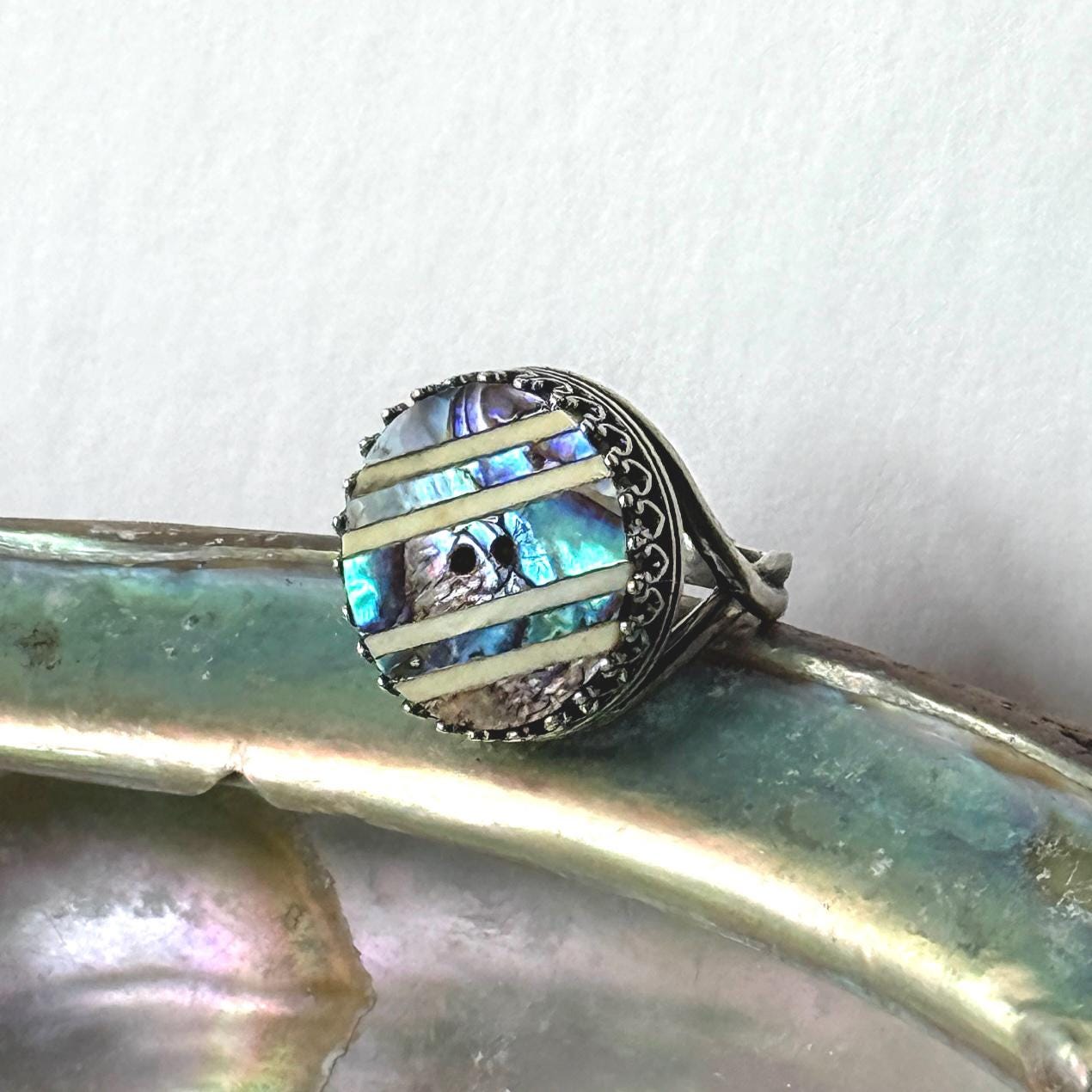 Vintage Abalone Shell Button, Adjustable Sterling Silver Boho Ring for Women, Repurposed Button Jewelry, Unique Gifs for Her