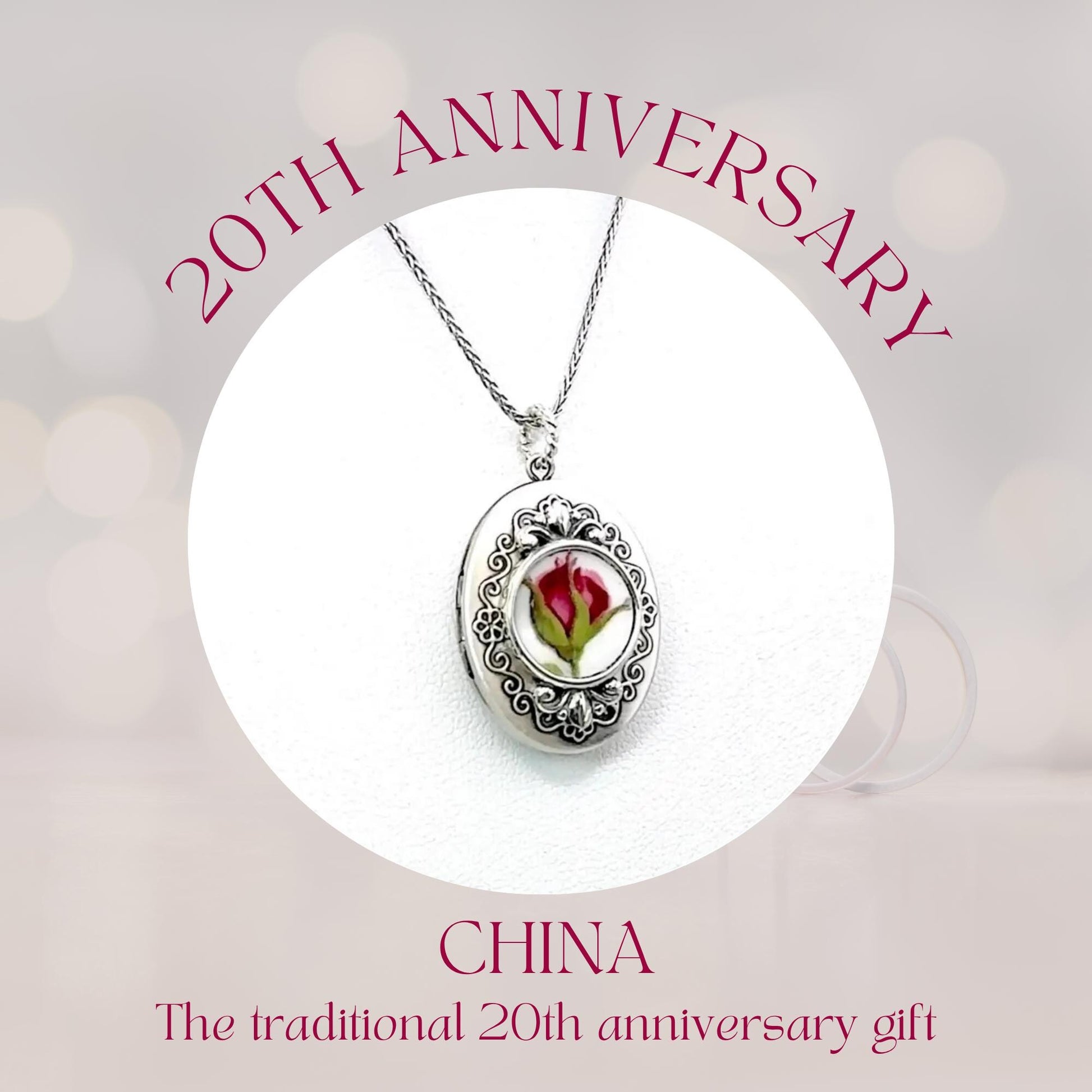 Red Rose 20th Anniversary Photo Locket Necklace, Keepsake Gifts for Wife, Sterling Silver Victorian Broken China Jewelry, Love Gifts for Her