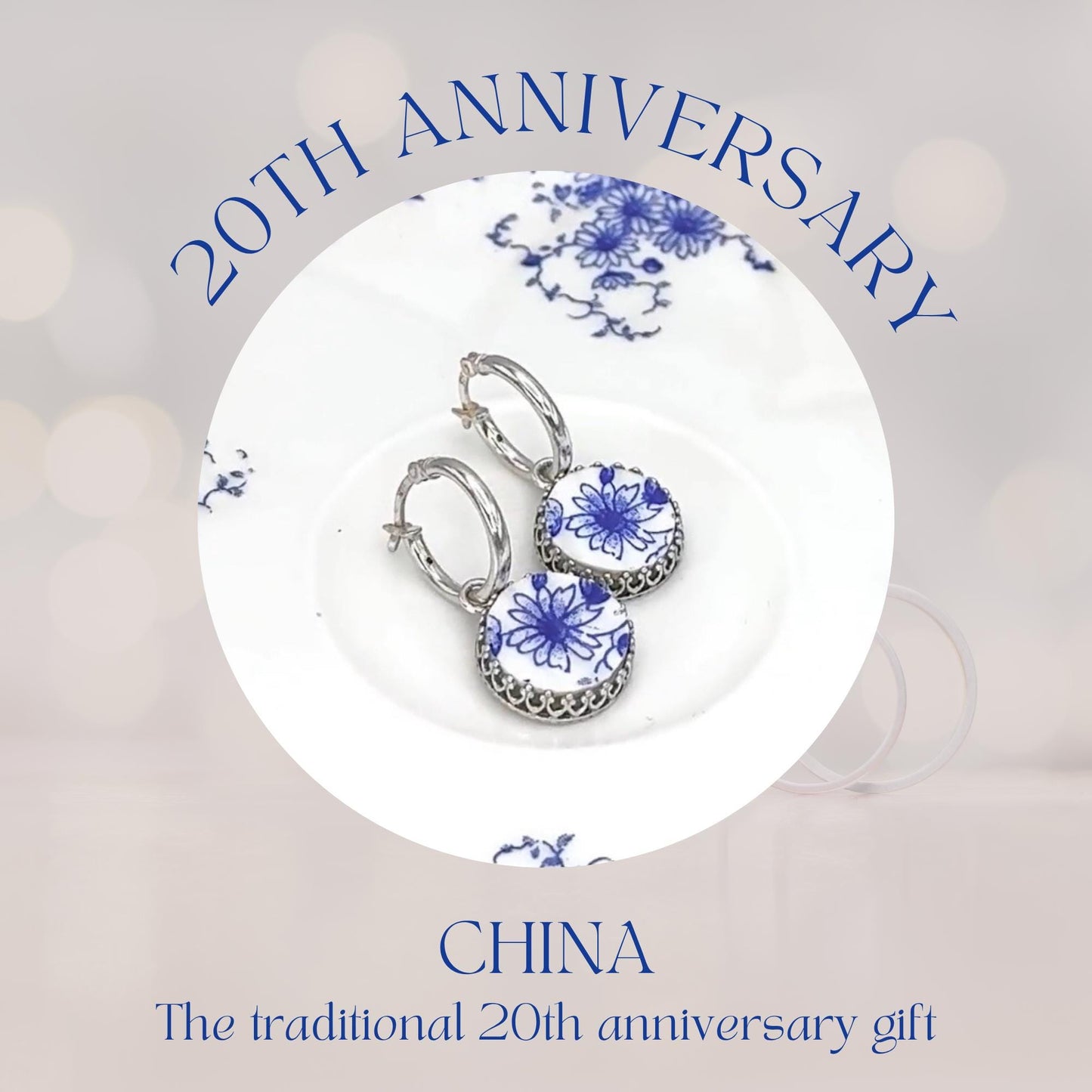 Unique 20th Anniversary China Gift for Wife, Dainty Sterling Silver Hoop Earrings, Shelley China, Daisy Broken China Jewelry, Gift for Her
