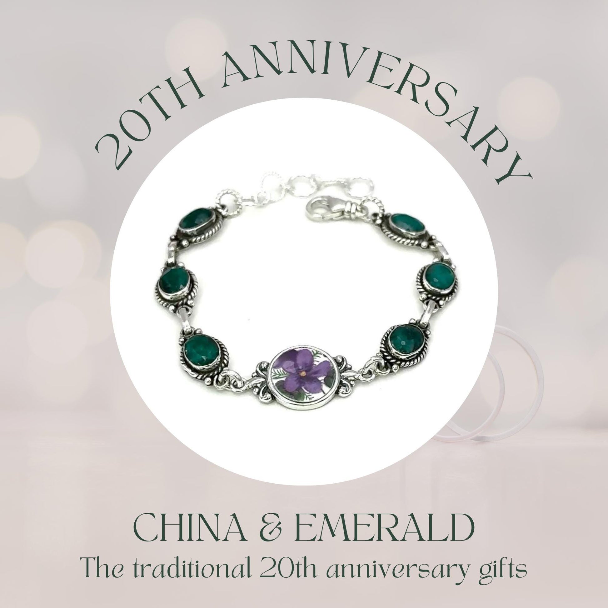 Emerald 20th Wedding Anniversary Gifts for Wife, Gemstone Bracelet, Purple Violet Broken China Jewelry, Unique Gift for Her, Sterling Silver