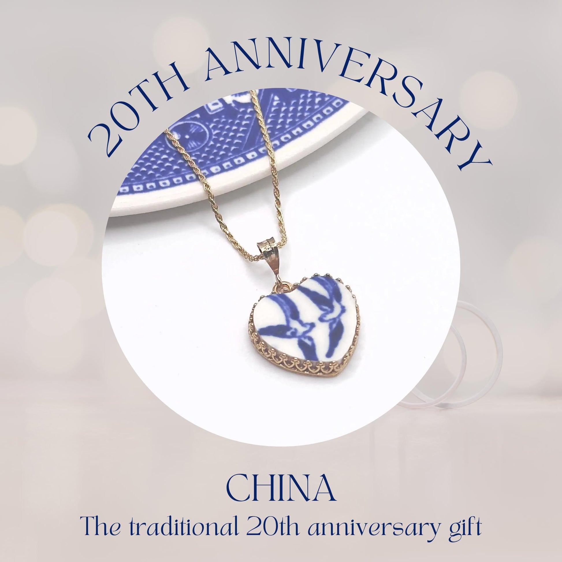 Keepsake 20th Anniversary Gifts for Wife Gold Love Birds Heart Necklace, Romantic Broken China Jewelry, Blue Willow Vintage China