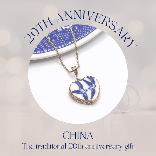 Keepsake 20th Anniversary Gifts for Wife Gold Love Birds Heart Necklace, Romantic Broken China Jewelry, Blue Willow Vintage China
