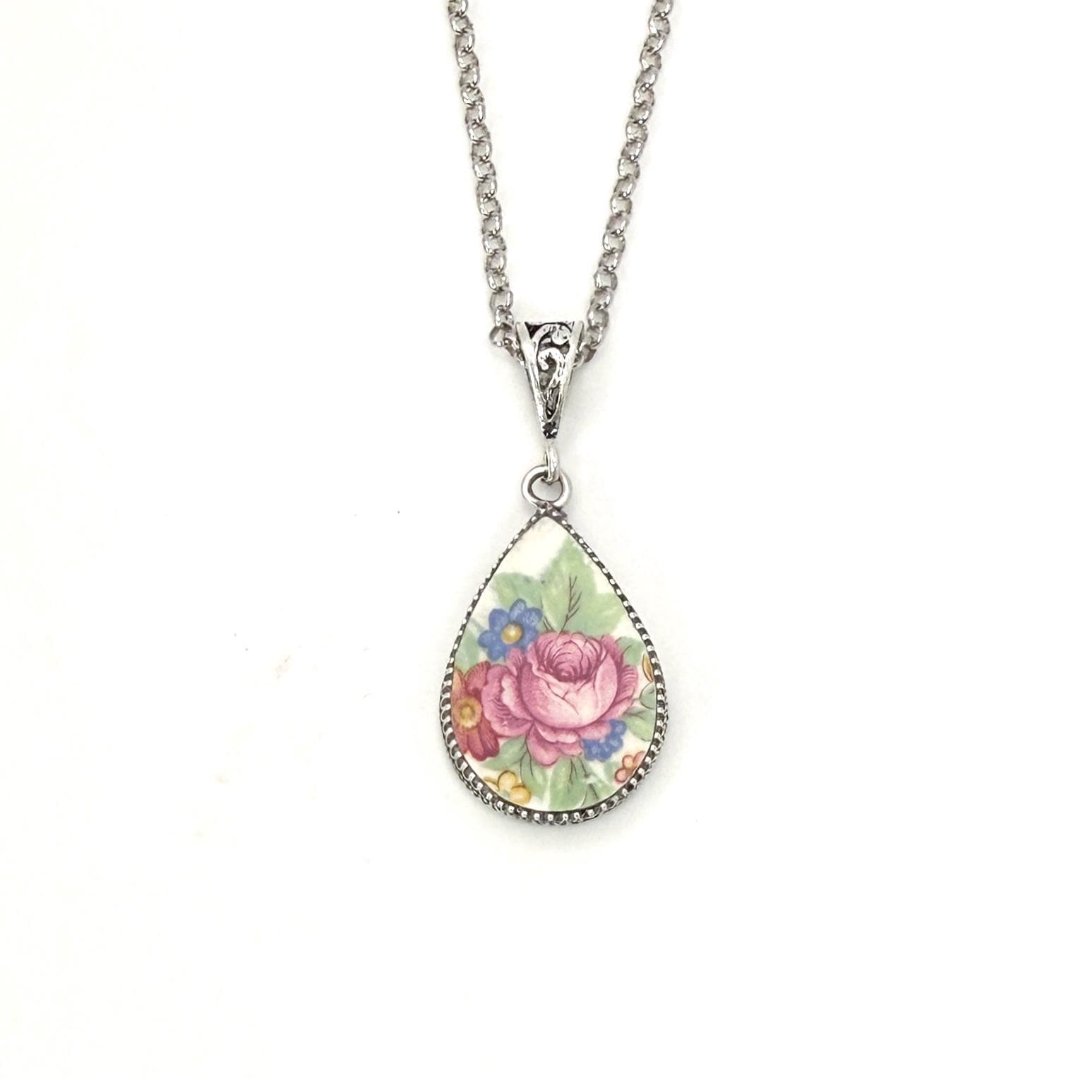 Pink Rose Vintage China Necklace, Unique 20th Anniversary Gifts for Wife, Broken China Jewelry, Sterling Silver, Repurposed American China