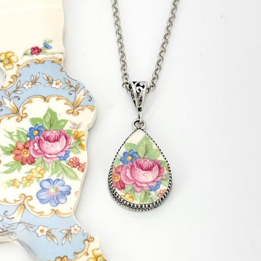 Pink Rose Vintage China Necklace, Unique 20th Anniversary Gifts for Wife, Broken China Jewelry, Sterling Silver, Repurposed American China