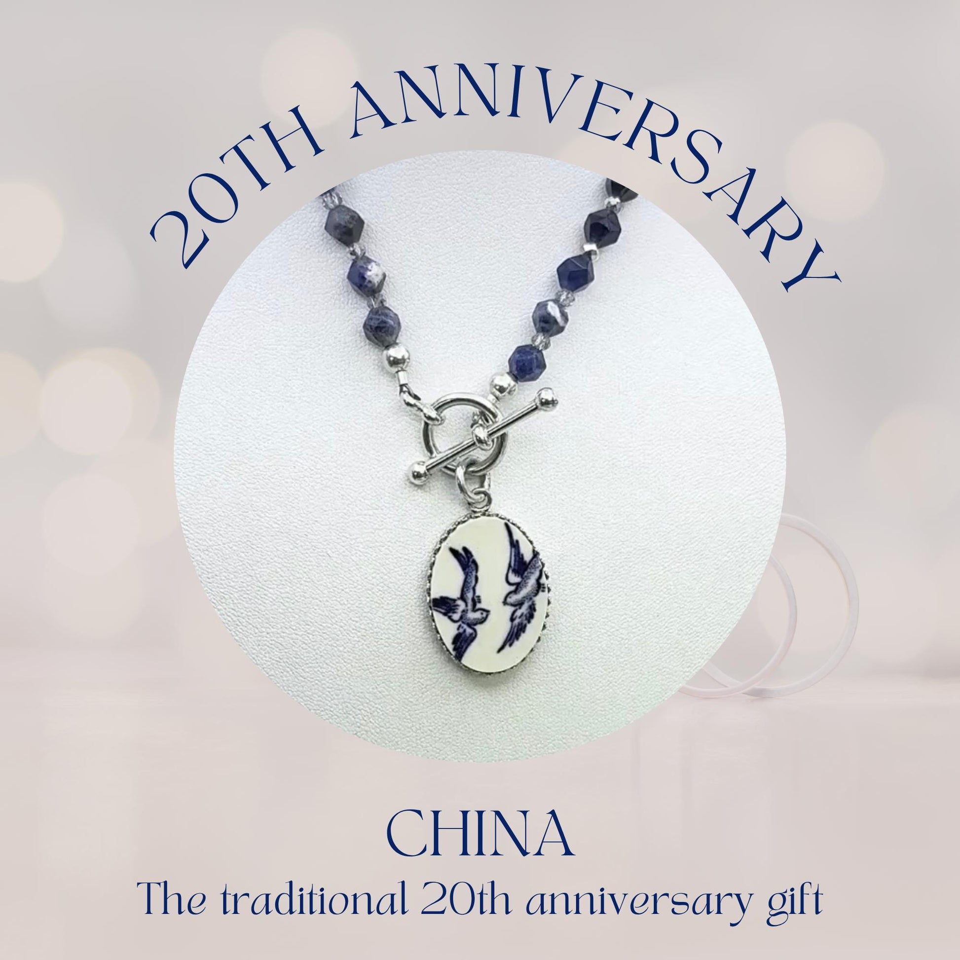 Sentimental 20th Anniversary Gift for Wife, Blue Willow Love Birds Broken China Jewelry, Unique Keepsake Gifts for Women, Sodalite Stones