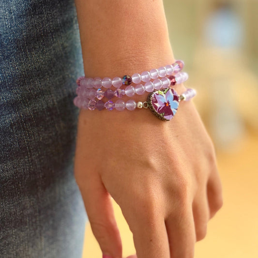 Broken China Jewelry, Unique Handmade Gemstone Wrap Bracelet, Purple Violet Flower Heart Charm, Vintage English China, Gifts for Women