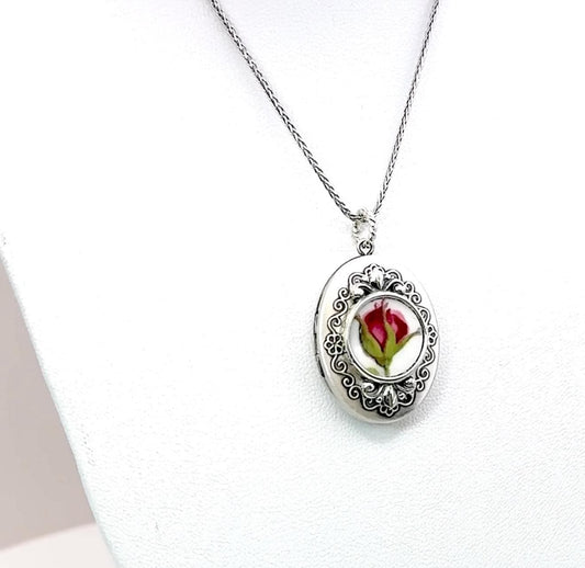 Red Rose 20th Anniversary Photo Locket Necklace, Keepsake Gifts for Wife, Sterling Silver Victorian Broken China Jewelry, Love Gifts for Her