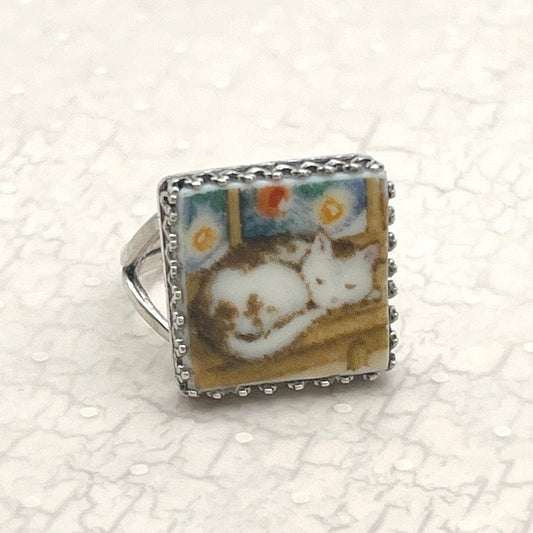 Silver Cat Ring Napping Kitty