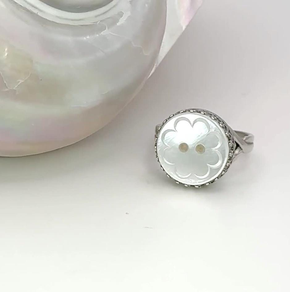 Vintage Mother of Pearl Button Ring, Unique Gifts for Women, Repurposed Button Jewelry, Adjustable Sterling Silver Ring