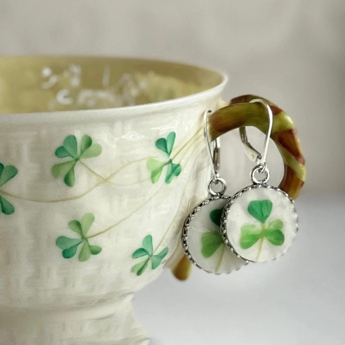 Belleek Celtic Earrings, Sterling Silver Dangle Earrings, Vintage Irish Belleek Broken China Jewelry, 20th Anniversary Gift for Wife