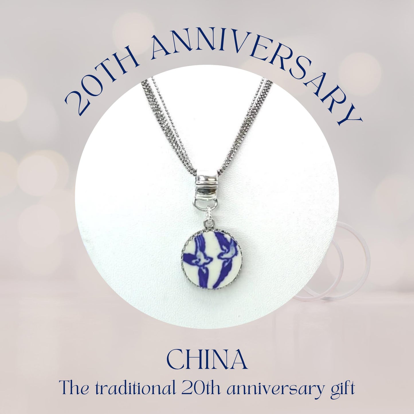 Romantic 20th Anniversary Gifts for Wife, Love Birds Necklace, Vintage Blue Willow Broken China Jewelry, Sterling Silver