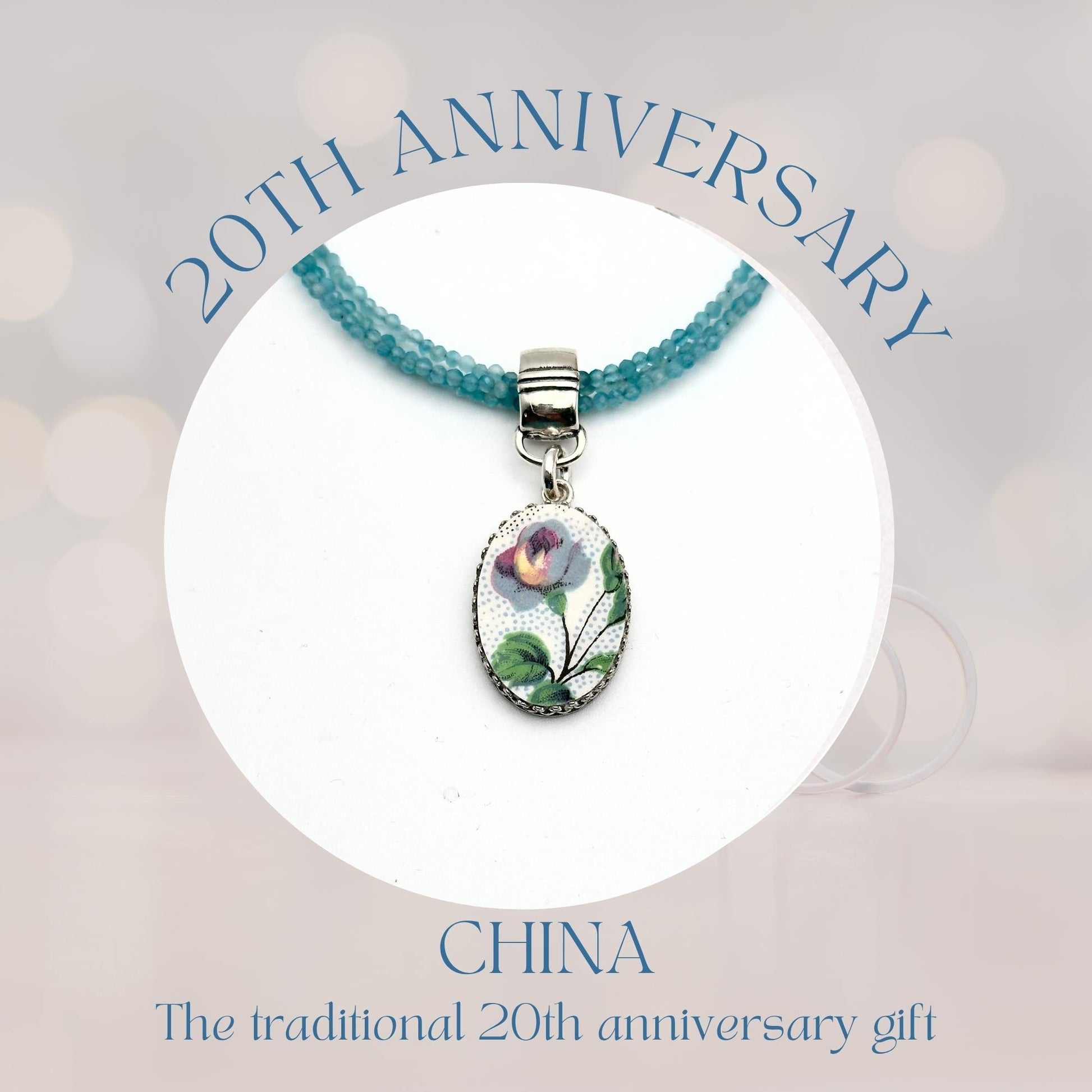 20th Wedding Anniversary Vintage China Gifts for Wife, Blue Rose Broken China Necklace, Apatite Gemstones, Statement Jewelry, Triple Strand