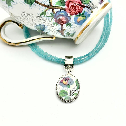 20th Wedding Anniversary Vintage China Gifts for Wife, Blue Rose Broken China Necklace, Apatite Gemstones, Statement Jewelry, Triple Strand