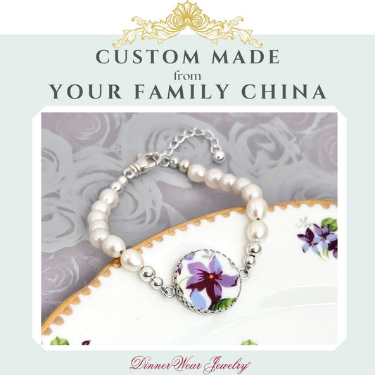 CUSTOM ORDER Freshwater Pearl China Charm Bracelet, Custom Broken China Family Jewelry Made From Your China, Jewelry Made From Dishes