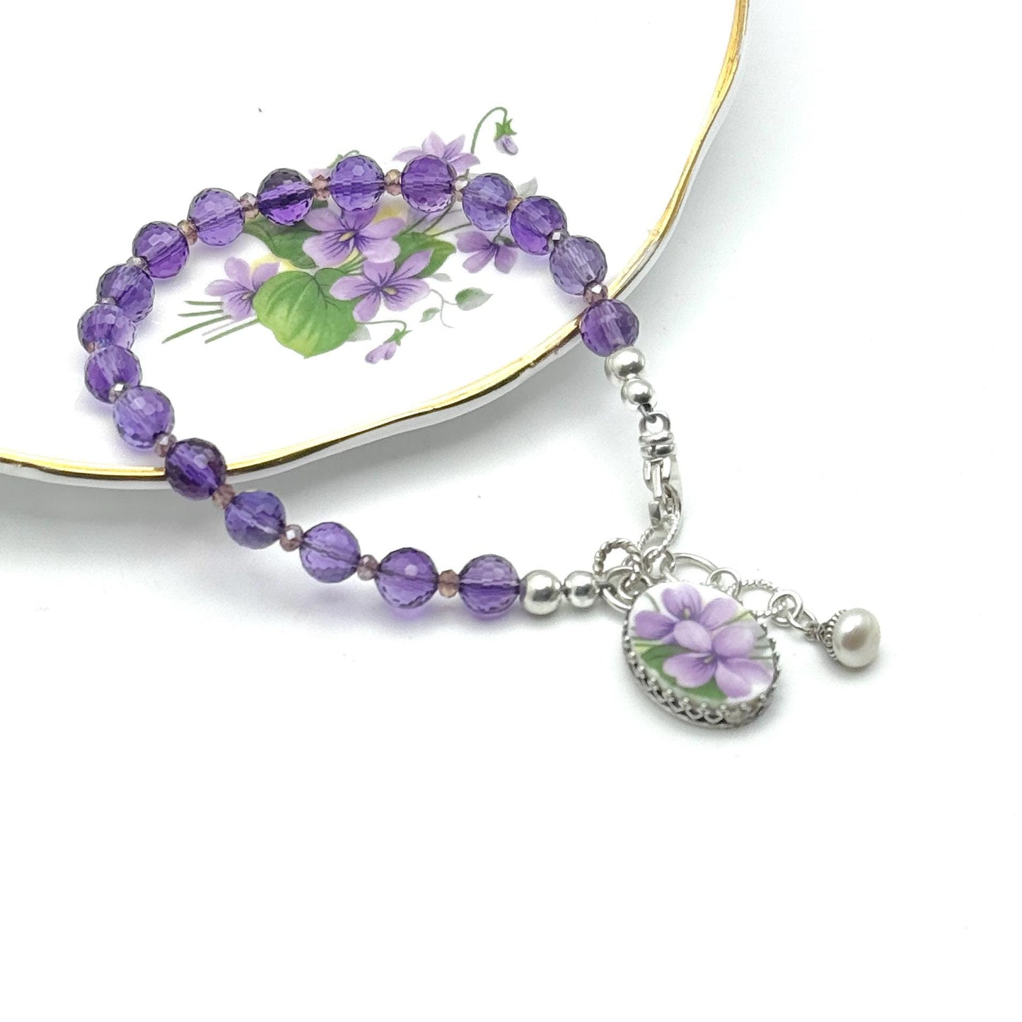 Purple Amethyst Bracelet and Violet Broken China Jewelry Charm