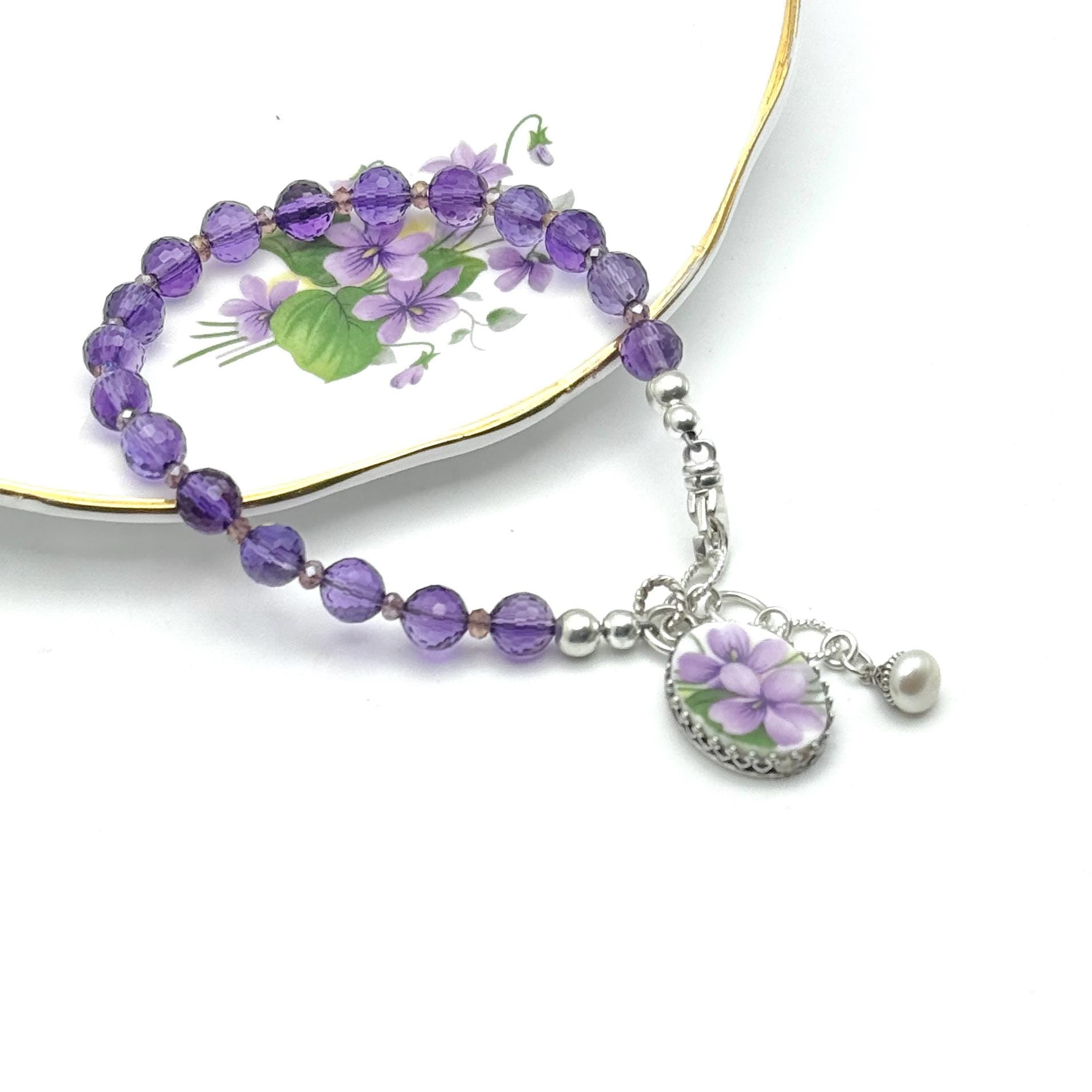 Purple Amethyst Bracelet and Violet Broken China Jewelry Charm