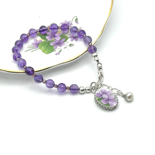 Purple Amethyst Bracelet and Violet Broken China Jewelry Charm
