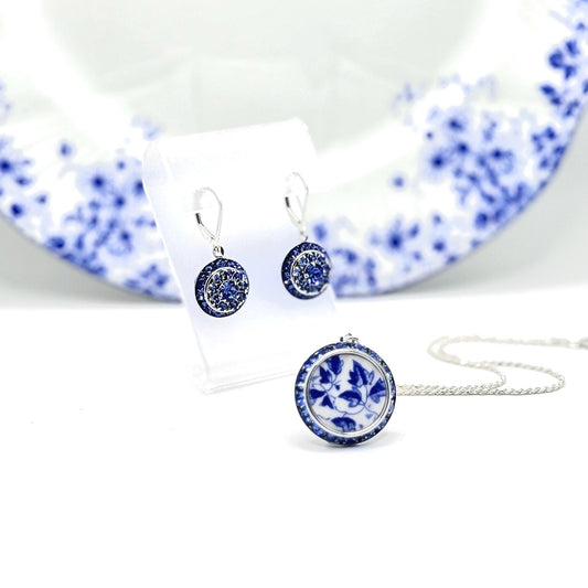 September Birthstone Necklace and Earrings Set, Sapphire Blue Crystal Broken China Jewelry, Gifts for Her, Shelley Dainty Blue China Pattern
