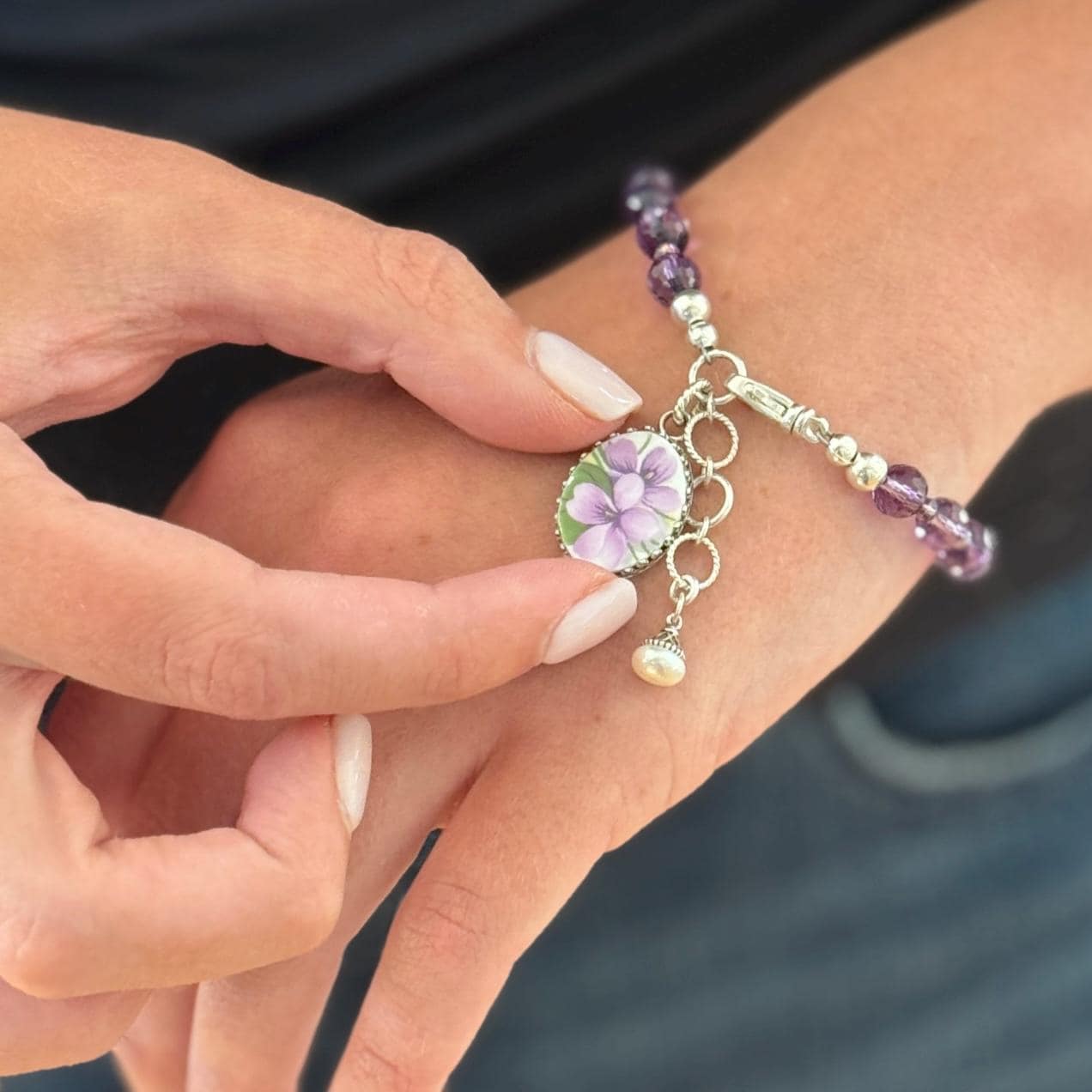 Purple Amethyst Bracelet and Violet Broken China Jewelry Charm