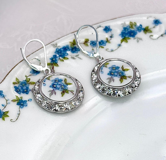 Mothers Day Gifts for Mom, Forget Me Not Earrings, Broken China Jewelry, Crystal Earrings, Unique Love and Friendship Gifts for Women