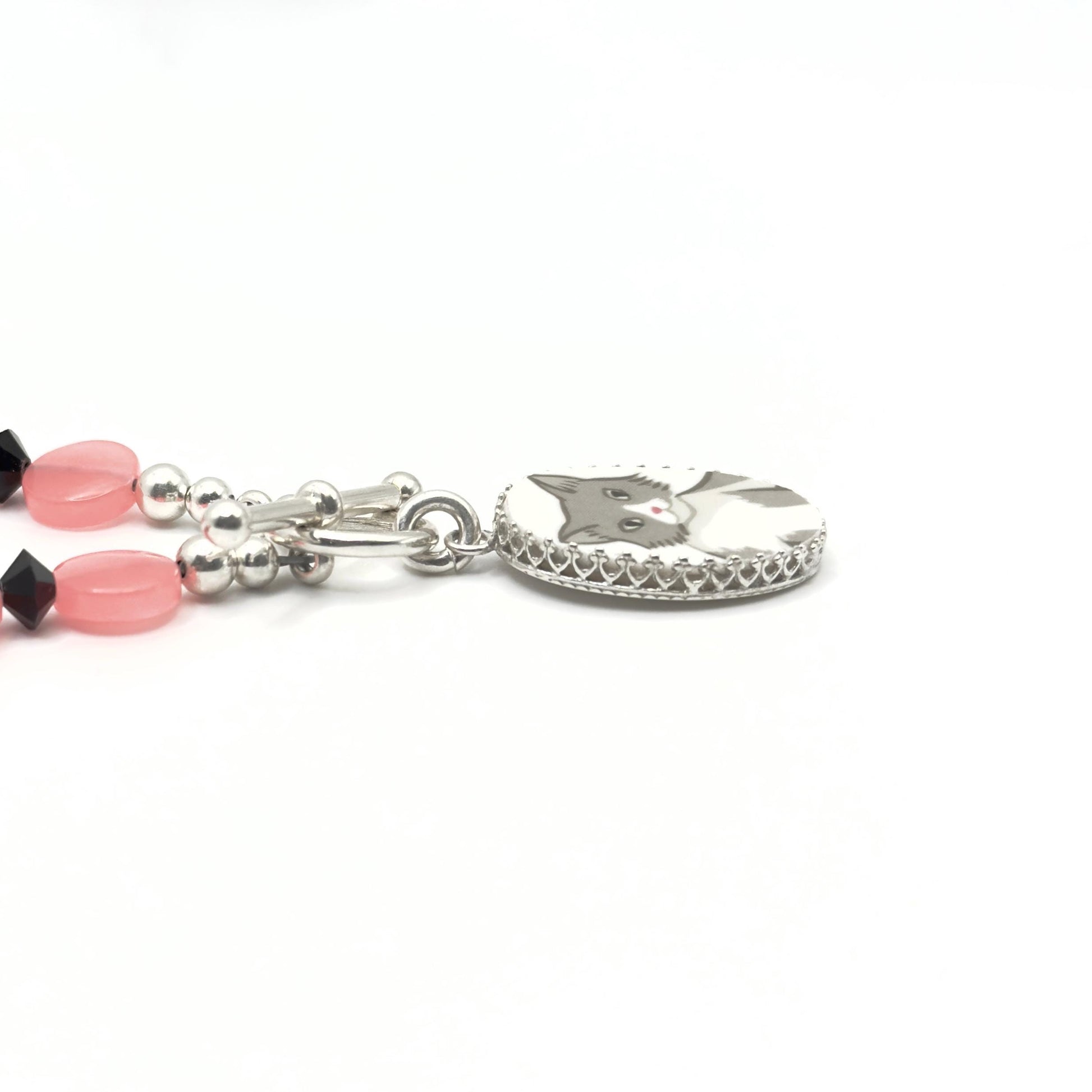Gray Cat Broken China Necklace, Pink Nose Kitty, Jade and Jet Black Crystals Toggle Necklace, Gifts for Cat Lovers, Colorful Cat Jewelry