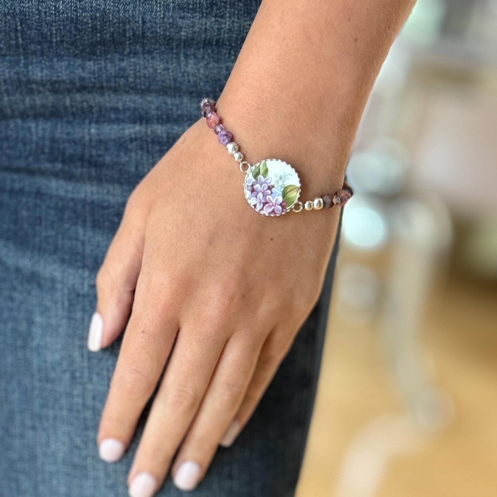 Purple Lilac Bracelet, 20th Anniversary Gift for Wife, Broken China Jewelry, Natural Jasper Gemstones, Sterling Silver Statement Bracelet