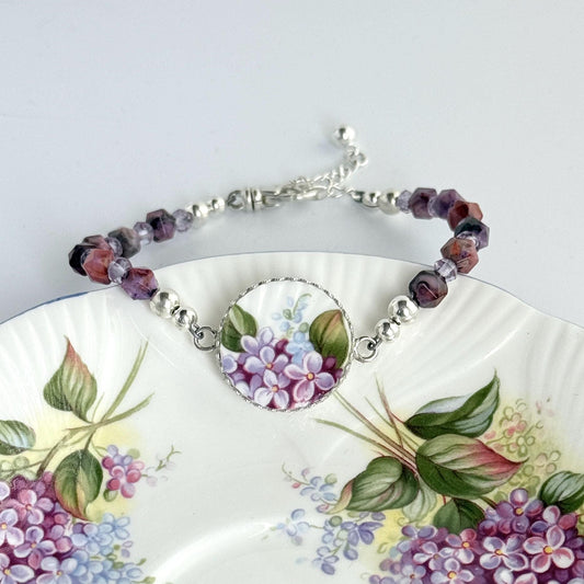 Purple Lilac Bracelet, 20th Anniversary Gift for Wife, Broken China Jewelry, Natural Jasper Gemstones, Sterling Silver Statement Bracelet