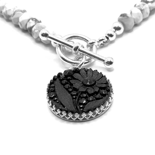 Vintage Black Glass Button Necklace, Victorian Statement Jewelry, Black Onyx, Freshwater Pearl and Howlite Semi Precious Stones