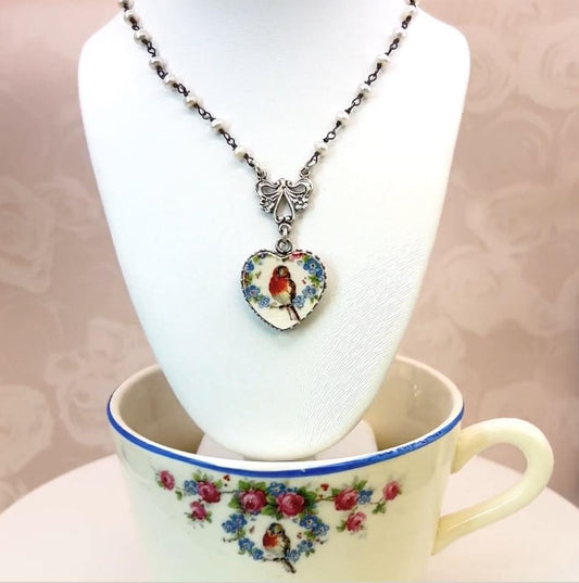 Robin and Forget Me Not Flower Heart Pendant, Adjustable Victorian Pearl Necklace, Vintage Bird Broken China Jewelry, Unique Gifts for Women