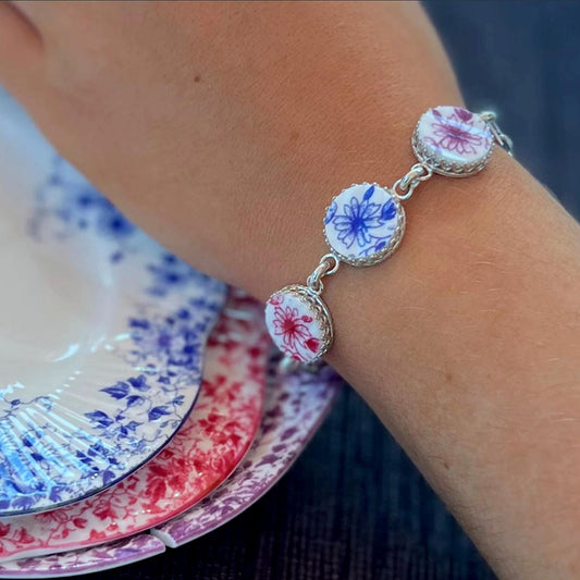 18th Wedding Anniversary Gifts for Wife, Vintage Porcelain, Shelley Broken China Jewelry, Adjustable Sterling Silver, Dainty Daisy Bracelet