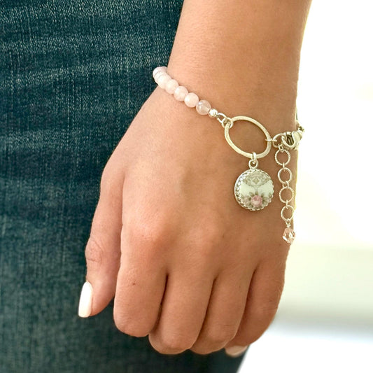 2nd Anniversary China Gifts for Wife, Dainty Rose Quartz Bracelet, Broken China Jewelry, Unique Gifts for Women, Noritake Glenwood Pink Rose