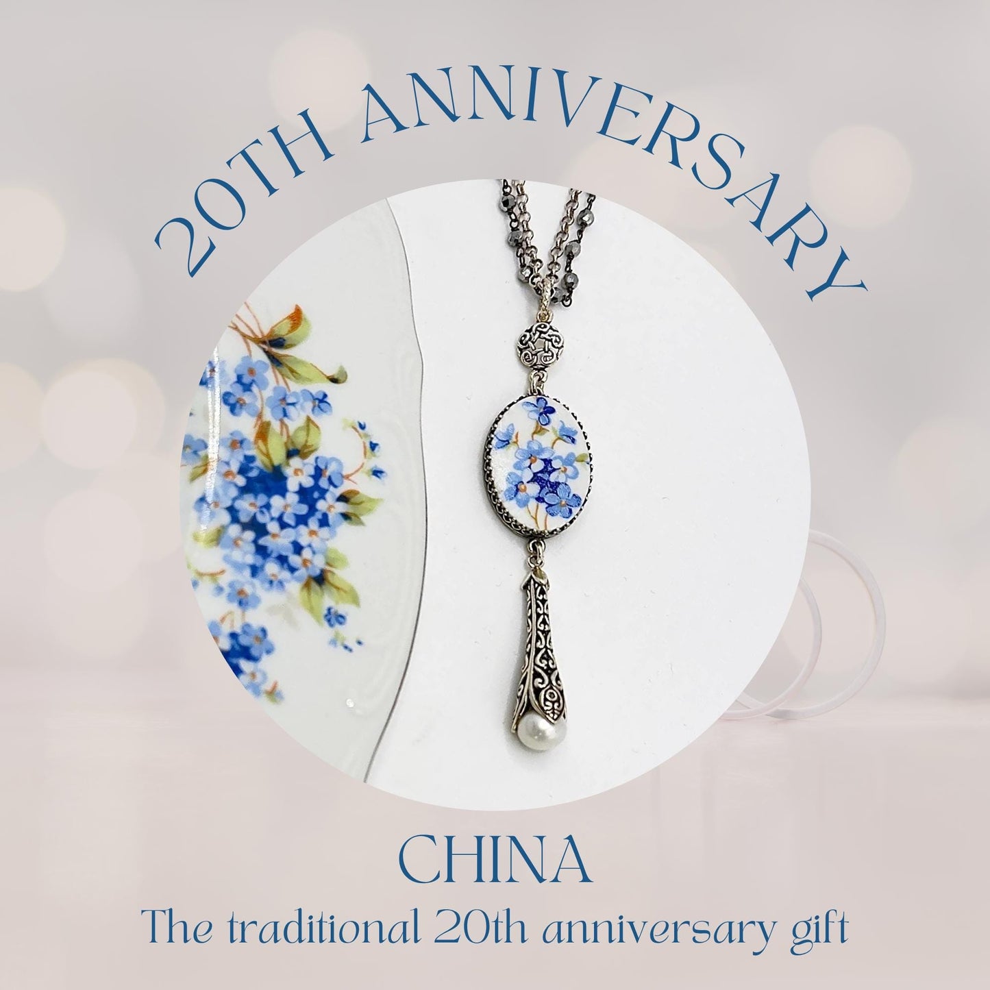 20th Wedding Anniversary Gifts For Wife, Blue Forget Me Not Necklace, Sterling Silver, Long Pearl Necklace, Victorian Broken China Jewelry