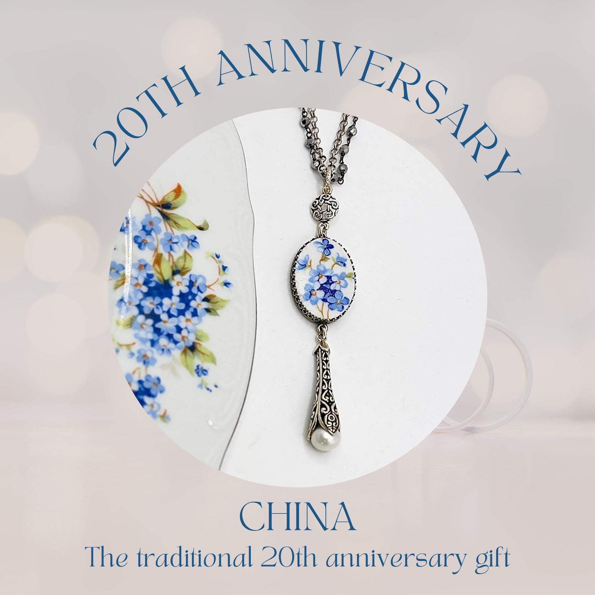 20th Wedding Anniversary Gifts For Wife, Blue Forget Me Not Necklace, Sterling Silver, Long Pearl Necklace, Victorian Broken China Jewelry