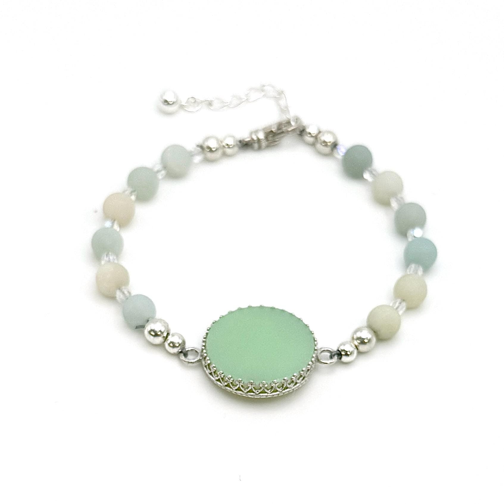 Alice Fire King Jadeite, Vintage Depression Glass, Unique Anniversary Jewelry Gifts for Women, Adjustable Amazonite Bracelet