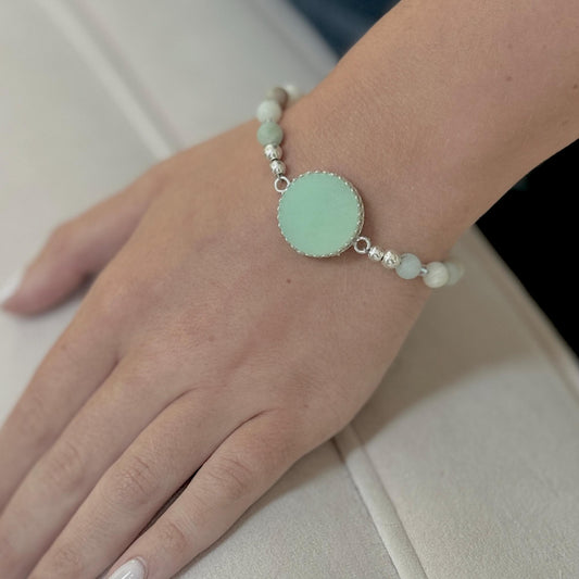 Alice Fire King Jadeite, Vintage Depression Glass, Unique Anniversary Jewelry Gifts for Women, Adjustable Amazonite Bracelet
