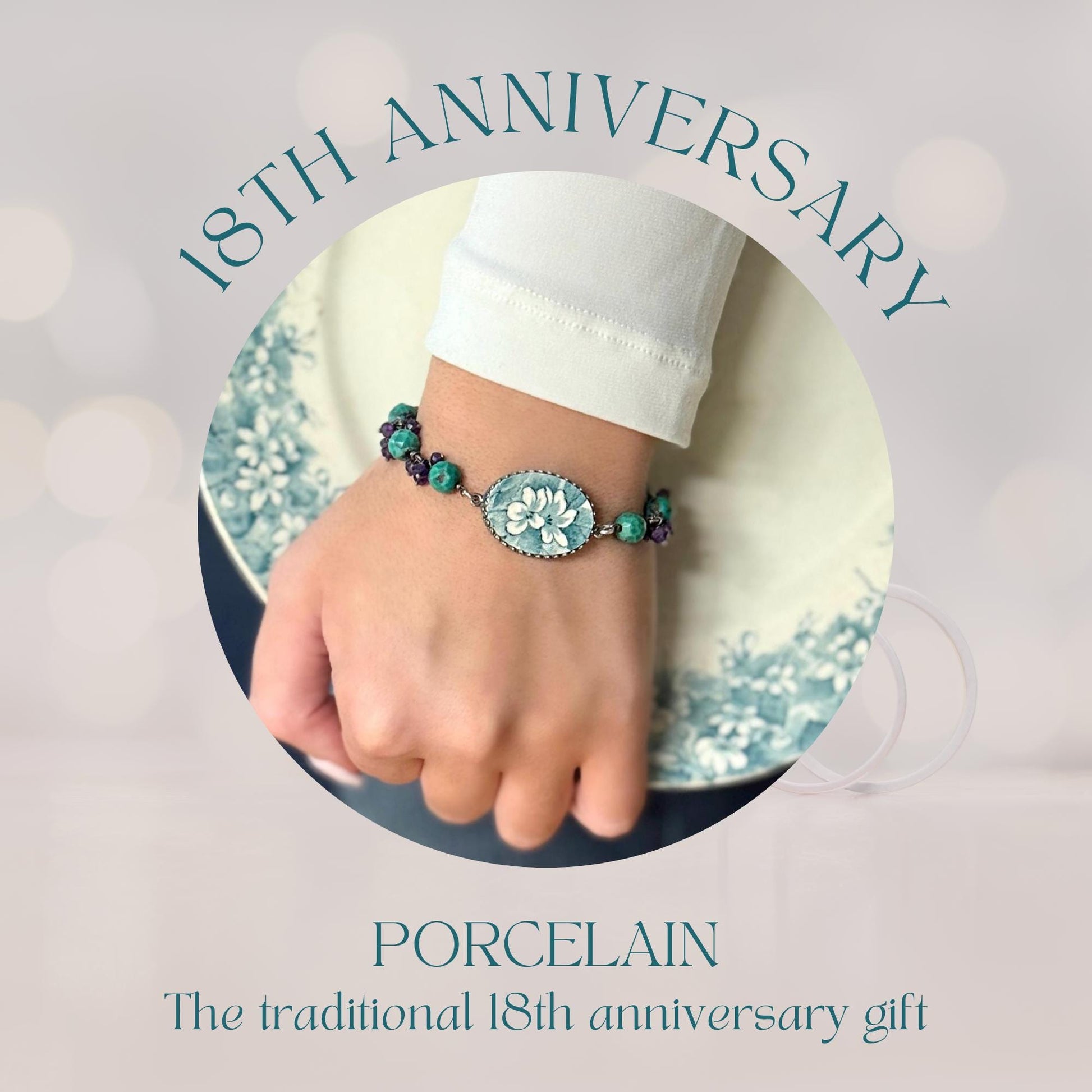 18th Wedding Anniversary Gift for Wife, Turquoise and Amethyst Beaded Bracelet, Porcelain Broken China Jewelry, Bohemian, Sterling Silver
