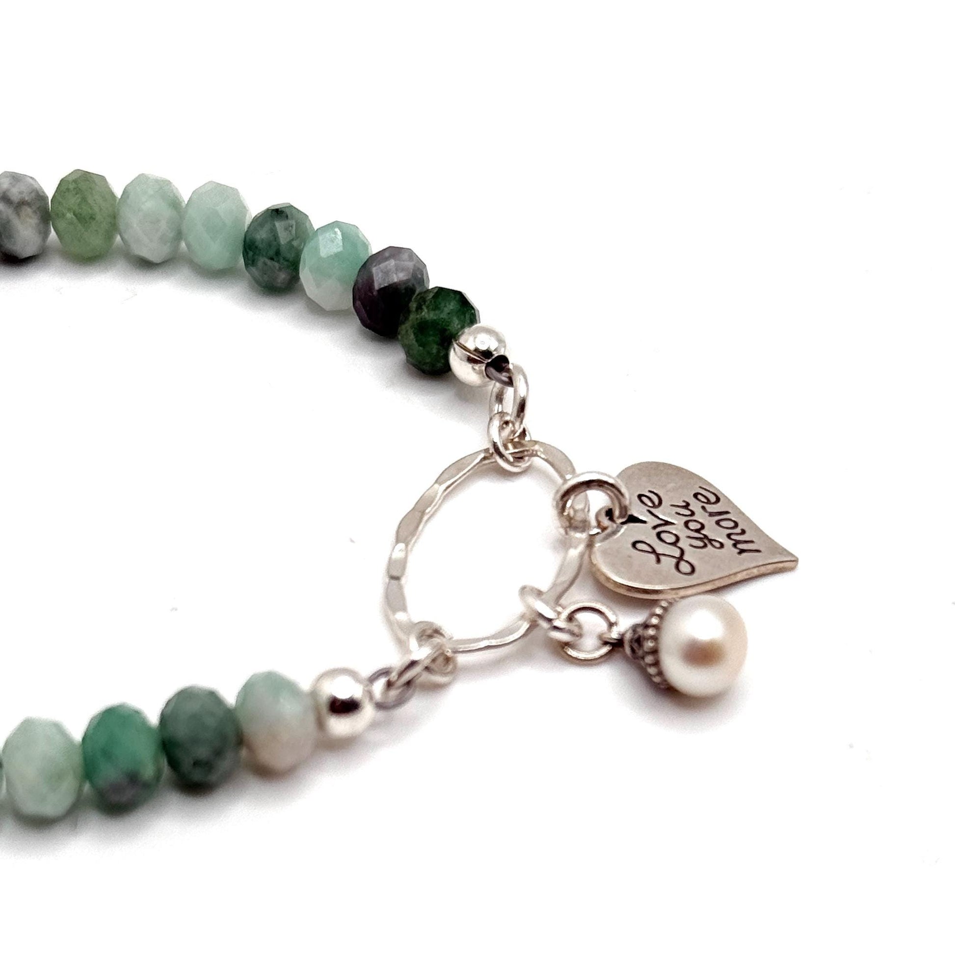 20th Anniversary Emerald Gift for Wife, Love You More Sterling Silver Heart Charm and Pearl, Hammered Silver, Adjustable, Dainty Jewelry
