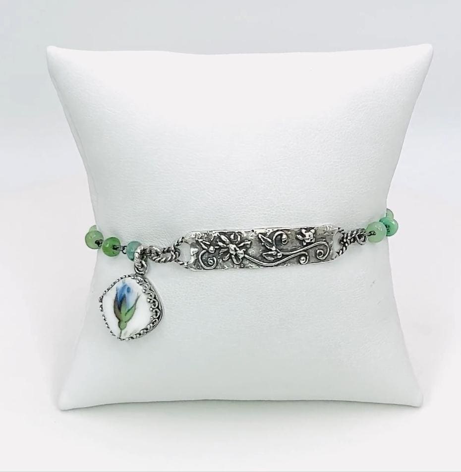 Dainty Natural Emerald Bracelet, 20th Anniversary Gift for Wife Blue Rose Broken China Jewelry, Royal Albert Moonlight Rose Vintage China