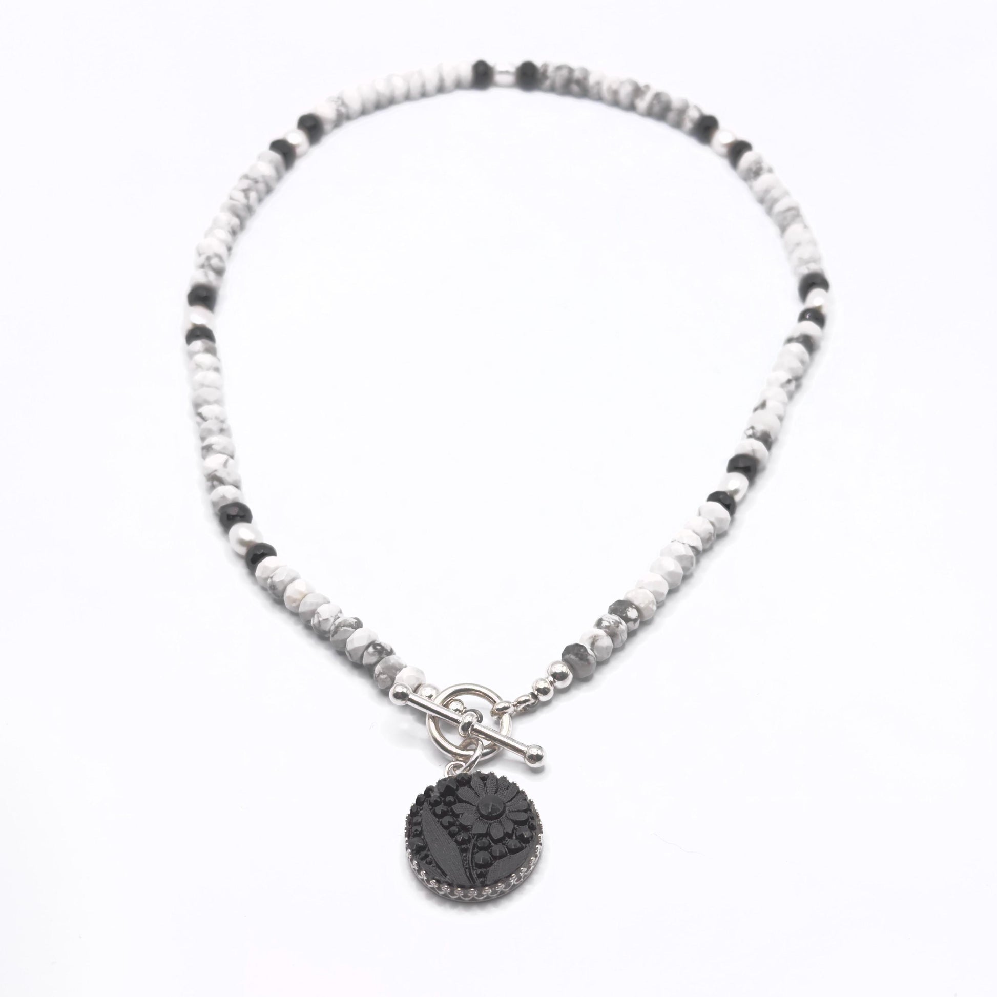 Vintage Black Glass Button Necklace, Victorian Statement Jewelry, Black Onyx, Freshwater Pearl and Howlite Semi Precious Stones