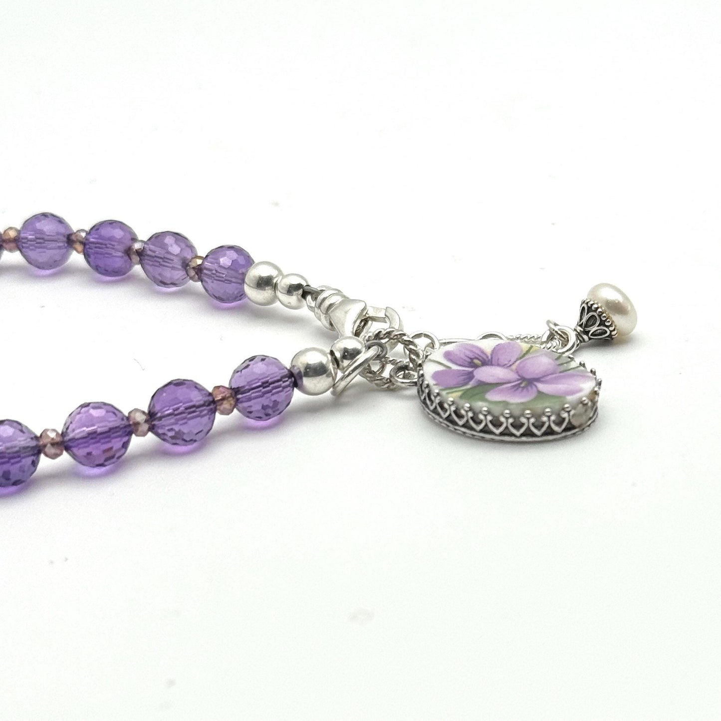 Purple Amethyst Bracelet and Violet Broken China Jewelry Charm