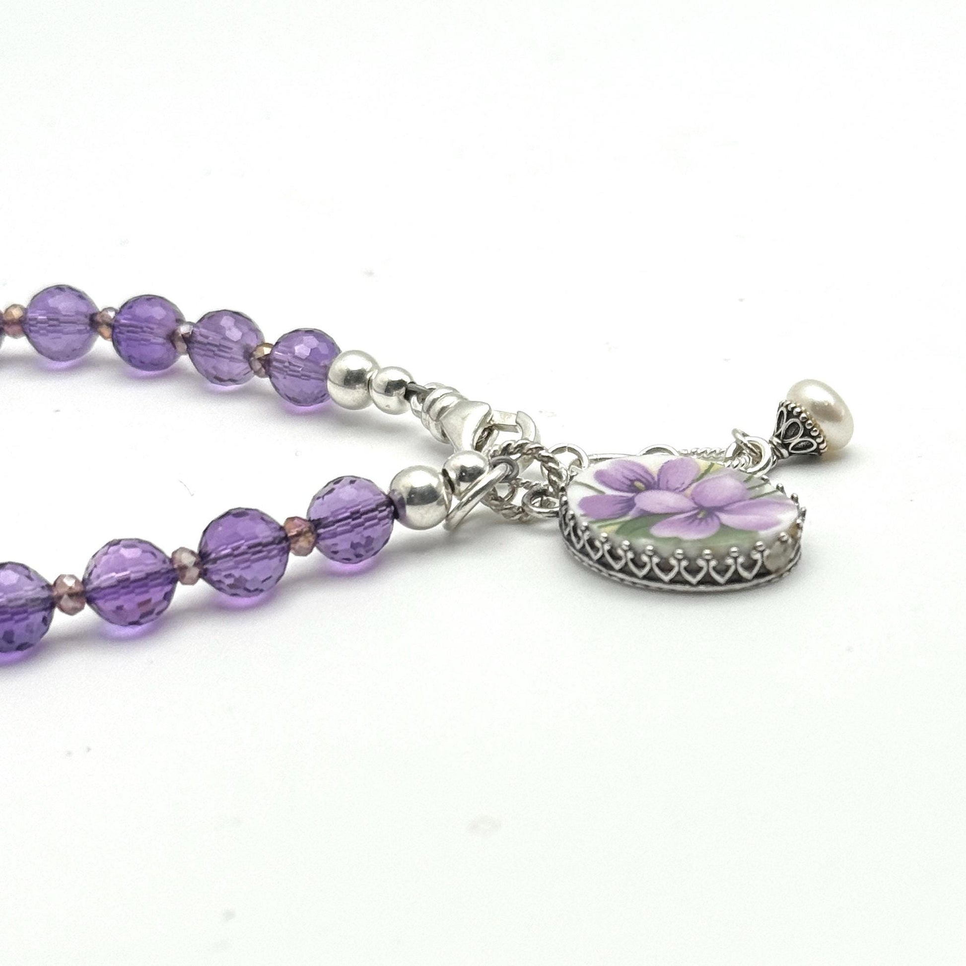Purple Amethyst Bracelet and Violet Broken China Jewelry Charm